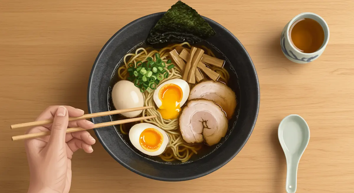 Beautiful bowl of Japanese shoyu ramen with egg, pork, and chopsticks on oak table.