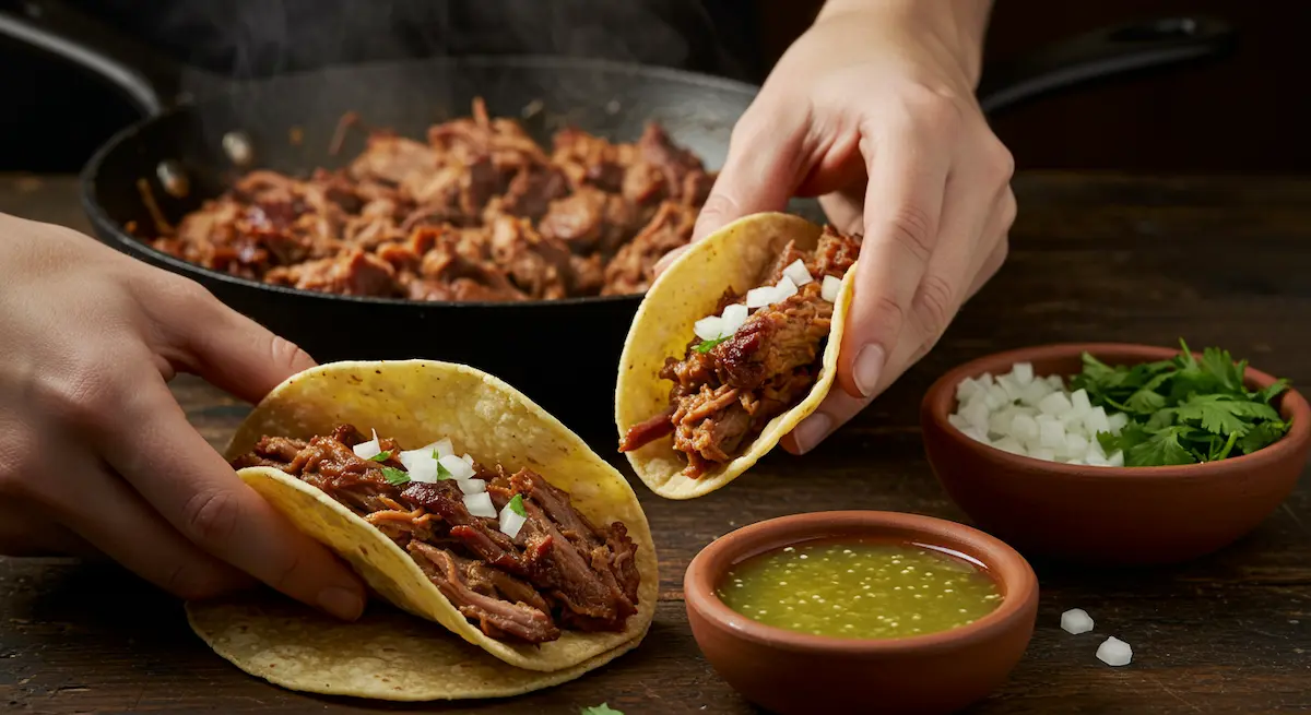 Assembling a juicy carnitas taco with crispy pulled pork, cilantro, onion, and salsa on a corn tortilla