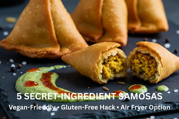 Golden samosas with chutney drizzle on slate-blue board.