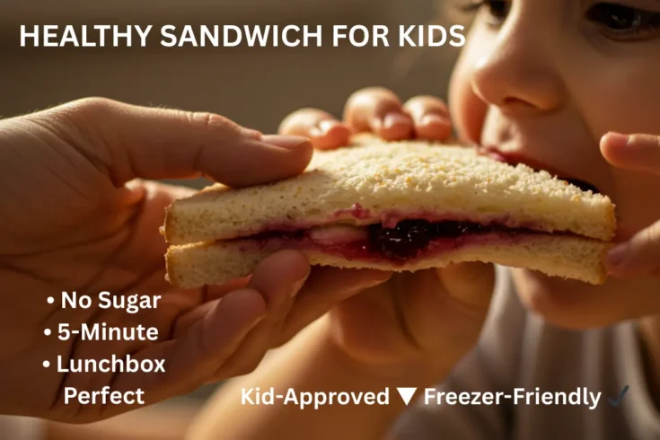 Mother feeding child healthy peanut butter sandwich