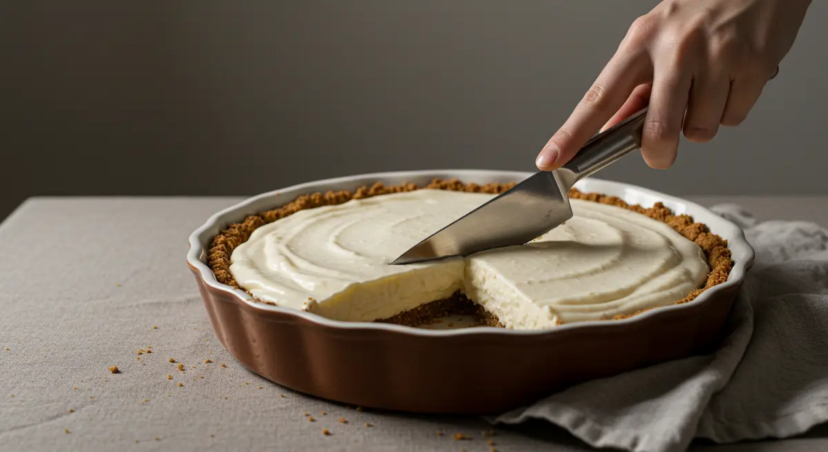 Human hand slicing a no-bake cream pie in a ceramic dish, warm natural light, smooth creamy texture