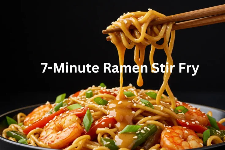 Peanut butter ramen stir fry in a ceramic bowl with garnishes