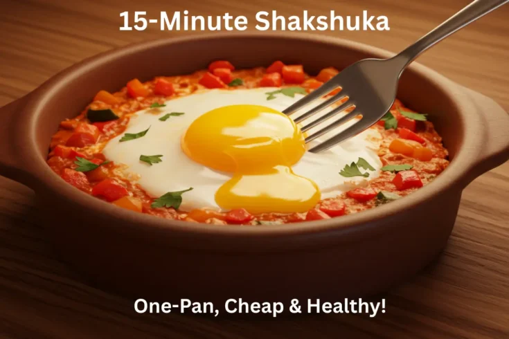 Final easy shakshuka recipe with runny egg yolks and herbs in a ceramic bowl