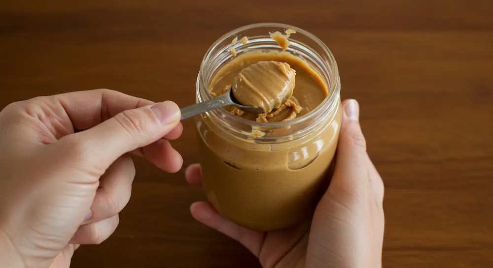 Measuring natural peanut butter for recipe