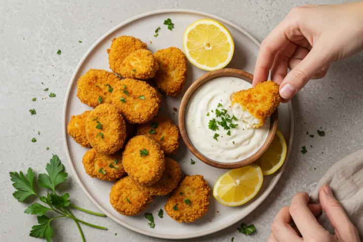 Serving plate with crispy cauliflower nuggets and dipping sauce