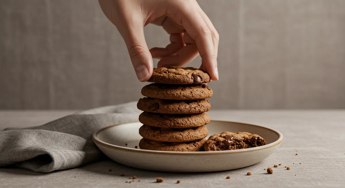 Human hand picking up a soft, gooey chocolate chip cookie from a ceramic plate, warm natural light