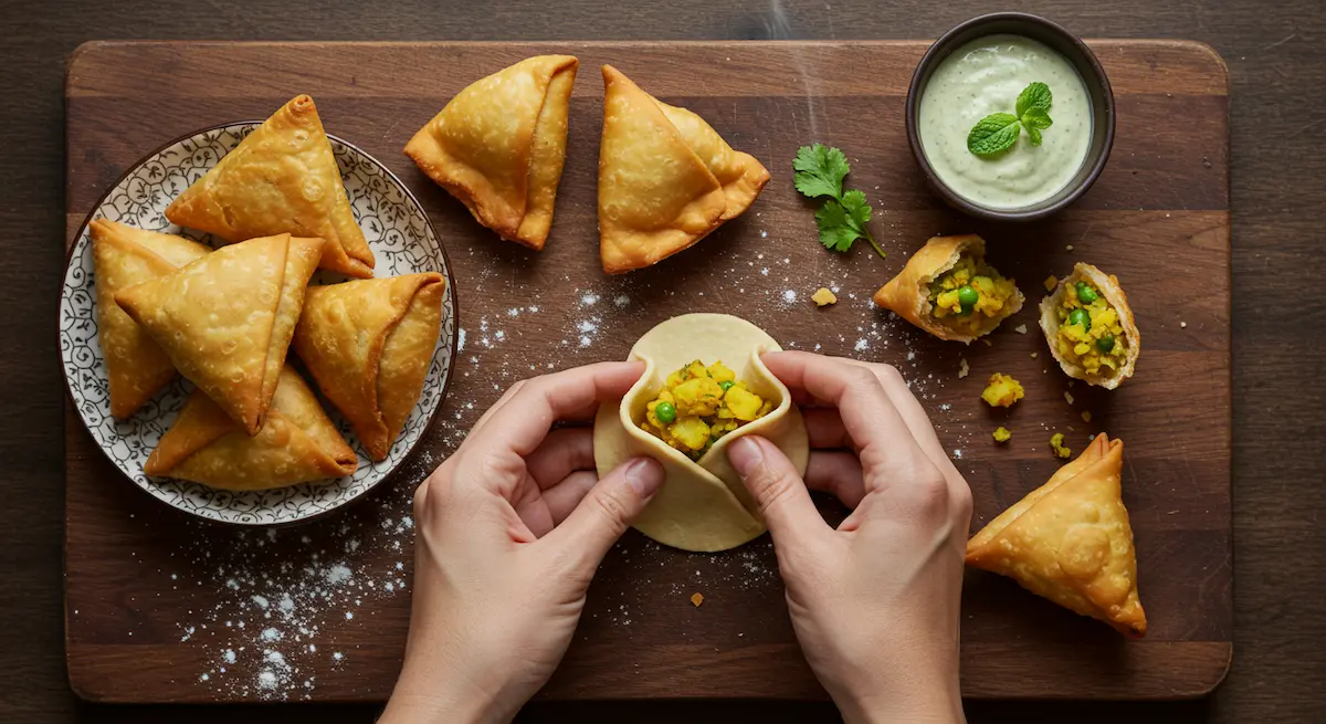Hands crimping the pastry of a homemade Indian samosa filled with spiced potatoes and peas