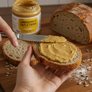 Spreading sunflower seed butter on whole grain bread