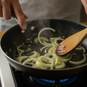 Sauteing sliced onions in olive oil in a skillet for shakshuka recipe