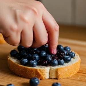 Mashing fresh blueberries directly on bread