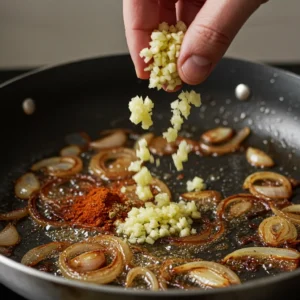 Adding garlic and spices to sauteed onions in a skillet for shakshuka