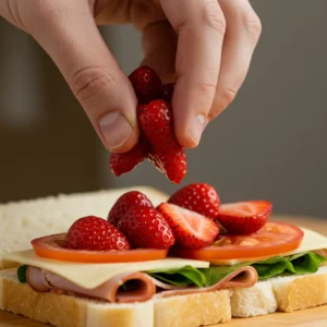 Adding crunchy strawberry topping to sandwich