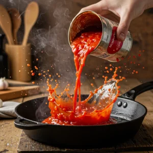 Pouring canned crushed tomatoes into a skillet to make shakshuka sauce