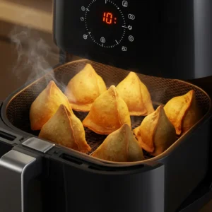Air-frying samosas for golden crispiness.
