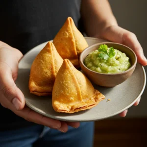 Serving samosas with kiwi-miso chutney
