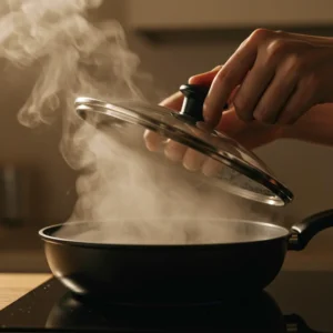 Covering the shakshuka skillet with a lid to trap steam and cook the eggs through