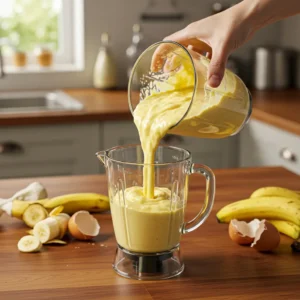 Blending banana and eggs for pancake batter