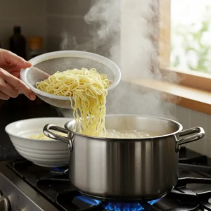 Draining boiled ramen noodles in a colander for stir fry
