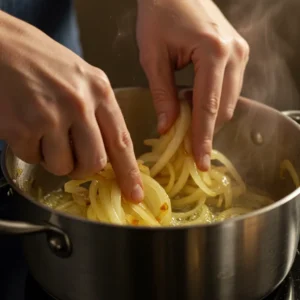 Sliced onions cooking in butter and olive oil