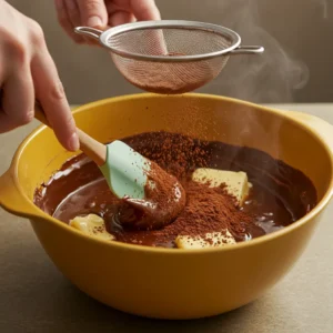 Combining melted chocolate, butter, and cocoa powder