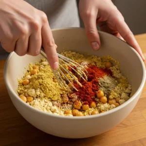 Mixing chickpea flour, nutritional yeast, and spices in a bowl