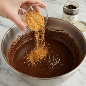 Adding coconut sugar and vanilla paste to brownie batter