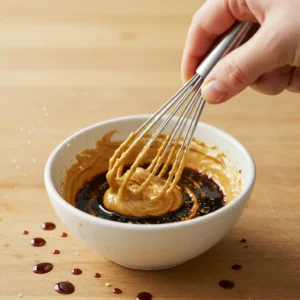 Whisking peanut butter, soy sauce, and lime juice in a bowl