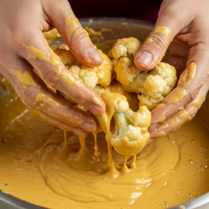Tossing cauliflower florets in chickpea flour batte