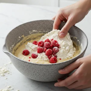 Folding flour and crushed raspberries into brownie batter