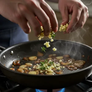 Adding minced garlic and thyme to caramelized onions