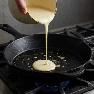 Pouring pancake batter into hot pan