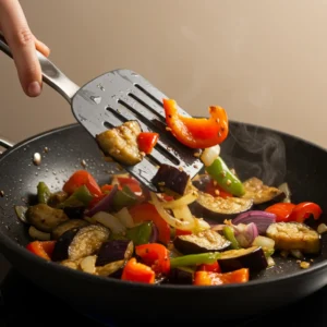 Frozen vegetables stir-frying in a pan with sesame oil