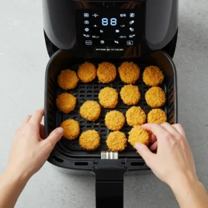 Placing battered cauliflower in air fryer basket