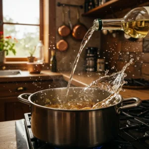 Pouring white wine into the pot to deglaze browned bits