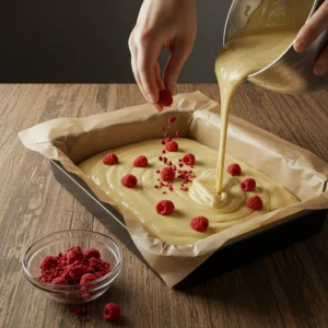 Pouring brownie batter into pan with sprinkled raspberries