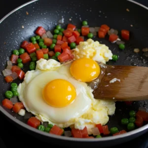 Scrambled egg cooking alongside veggies in a nonstick pan