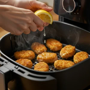 Spritzing lemon juice on cooking cauliflower nuggets