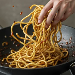 Tossing cooked ramen noodles with peanut sauce in a pan