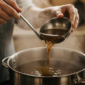Adding beef broth to the pot with caramelized onions