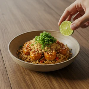 Finished ramen stir fry in a bowl with green onions and lime