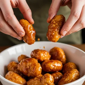 Tossing cooked nuggets in hot sauce and maple syrup