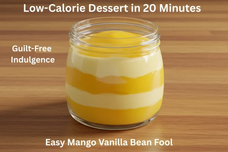 Square photo of mango vanilla fool in a single glass jar.