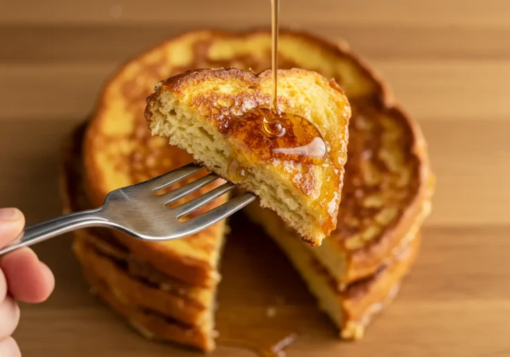 Close-up of perfect French toast on a fork with maple syrup dripping