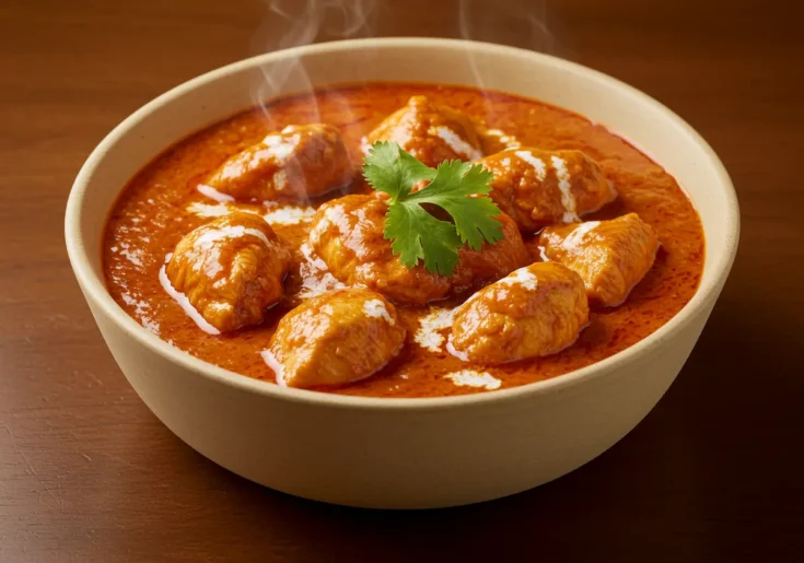 Finished Indian chicken curry in a bowl, overhead shot showing the creamy tomato sauce and tender chicken.