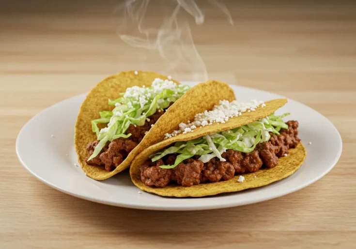 Close-up of two crispy beef tacos with juicy filling on a white plate.