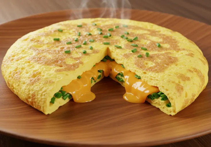 Close-up of a Reinvented Omelette cut open showing melted cheese and chives inside.