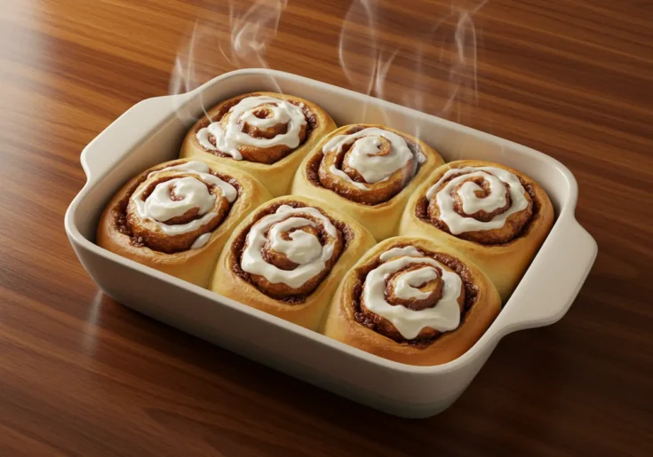 A ceramic dish filled with finished cinnamon rolls, drizzled with icing, steam rising.