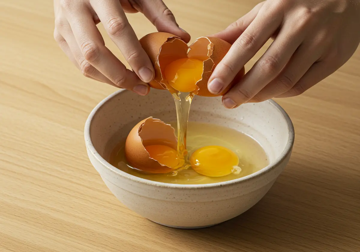 Human hands cracking eggs into a ceramic bowl for French toast batter
