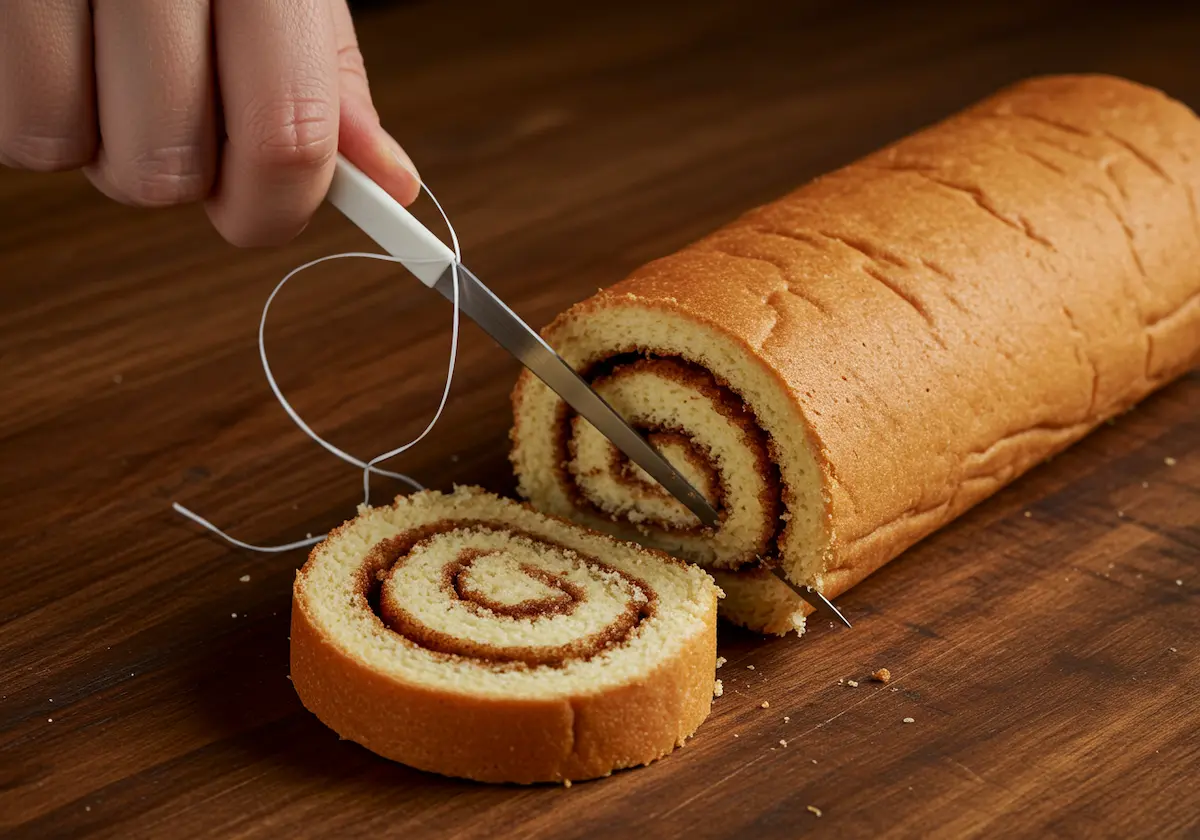 Using dental floss to slice a cinnamon roll log into individual rounds.