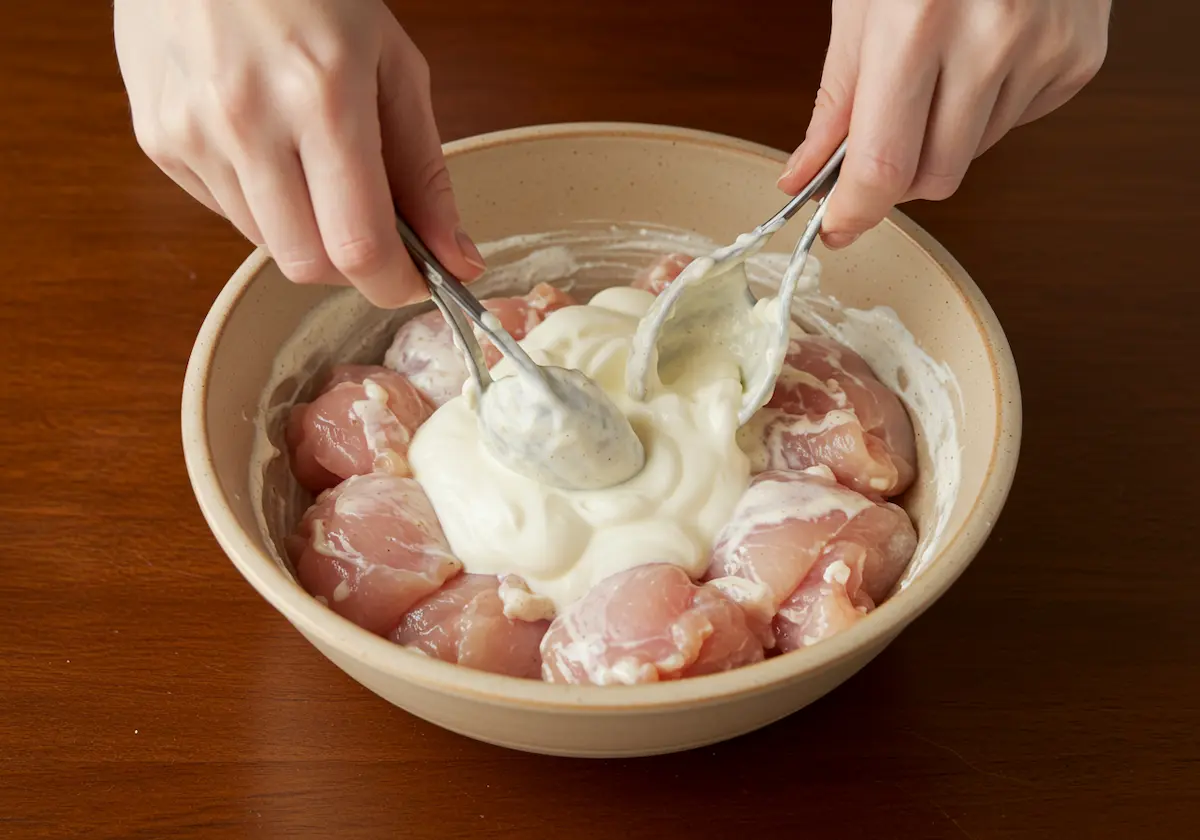 Close-up of mixing chicken and yogurt marinade in a ceramic bowl.